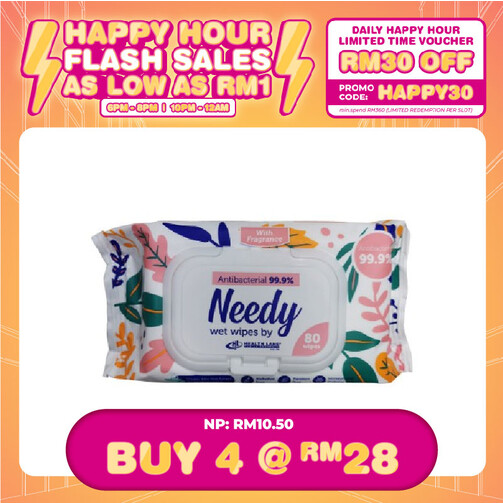 (HAPPY HOUR) NEEDY WET WIPES 99.9% ANTIBACTERIAL - FRAGRANCE PINK 80'S